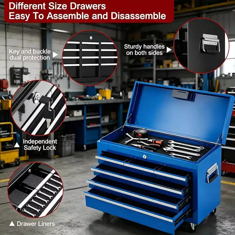 Servante d'atelier 8 tiroirs grande capacité, roulante, armoire à outils détachable 2-en-1 en métal, organisateur de rangement à outils en acier verrouillable avec caisse à outils supérieure portable