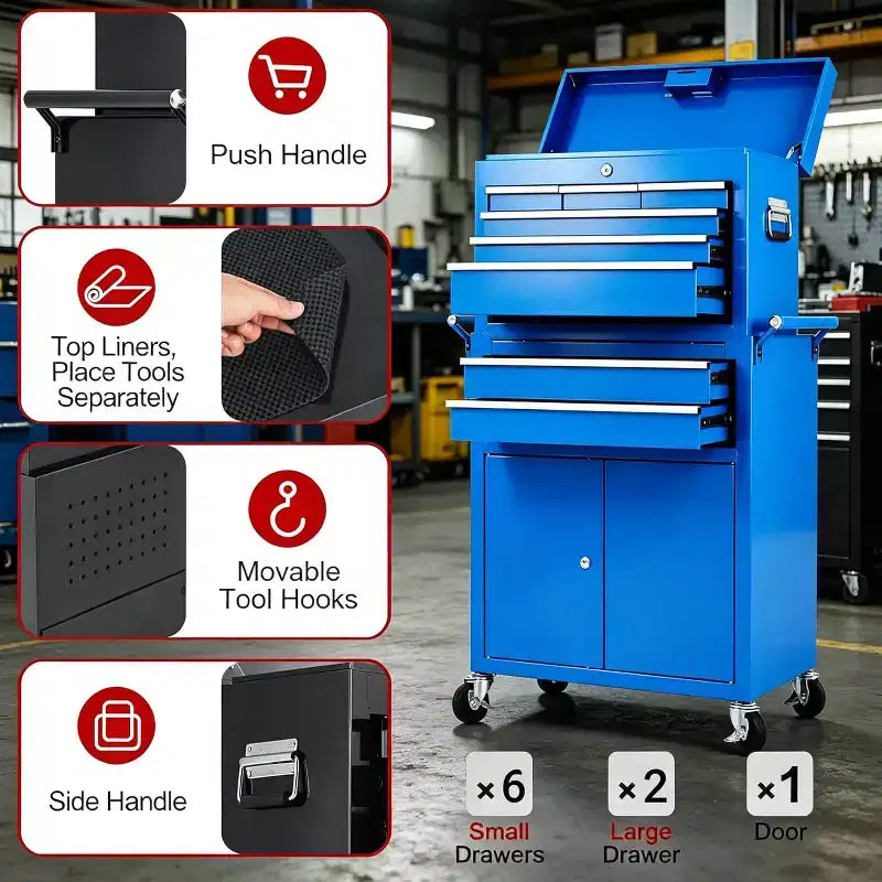 Servante d'atelier 8 tiroirs grande capacité, roulante, armoire à outils détachable 2-en-1 en métal, organisateur de rangement à outils en acier verrouillable avec caisse à outils supérieure portable