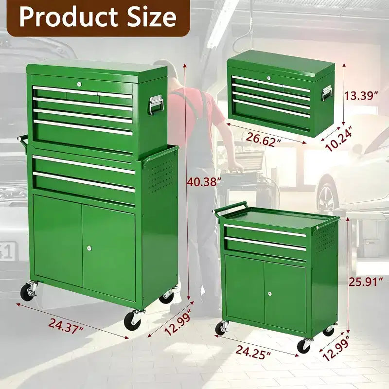 Servante d'atelier 8 tiroirs grande capacité, roulante, armoire à outils détachable 2-en-1 en métal, organisateur de rangement à outils en acier verrouillable avec caisse à outils supérieure portable