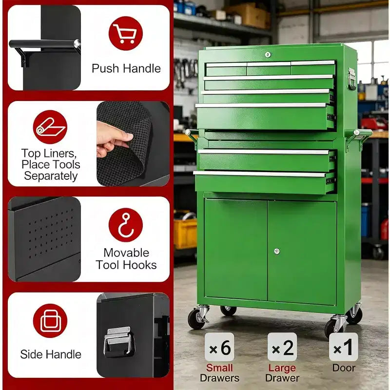 Servante d'atelier 8 tiroirs grande capacité, roulante, armoire à outils détachable 2-en-1 en métal, organisateur de rangement à outils en acier verrouillable avec caisse à outils supérieure portable