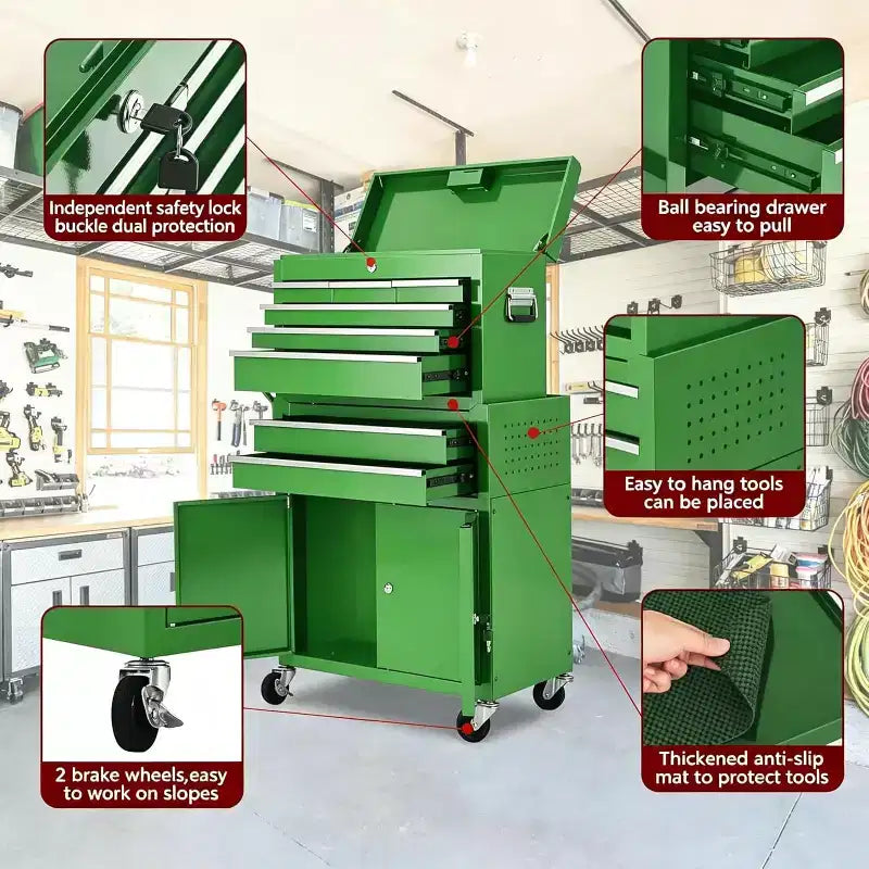 Servante d'atelier 8 tiroirs grande capacité, roulante, armoire à outils détachable 2-en-1 en métal, organisateur de rangement à outils en acier verrouillable avec caisse à outils supérieure portable