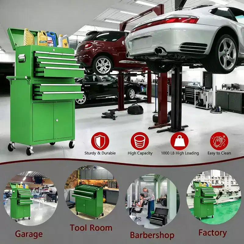 Servante d'atelier 8 tiroirs grande capacité, roulante, armoire à outils détachable 2-en-1 en métal, organisateur de rangement à outils en acier verrouillable avec caisse à outils supérieure portable