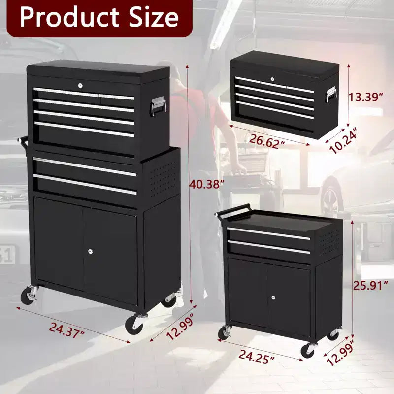 Servante d'atelier 8 tiroirs grande capacité, roulante, armoire à outils détachable 2-en-1 en métal, organisateur de rangement à outils en acier verrouillable avec caisse à outils supérieure portable