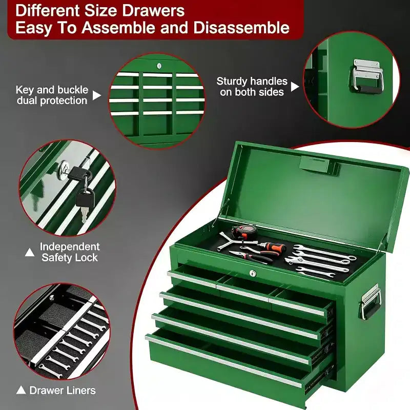 Servante d'atelier 8 tiroirs grande capacité, roulante, armoire à outils détachable 2-en-1 en métal, organisateur de rangement à outils en acier verrouillable avec caisse à outils supérieure portable