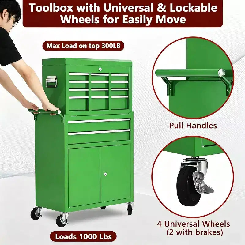 Servante d'atelier 8 tiroirs grande capacité, roulante, armoire à outils détachable 2-en-1 en métal, organisateur de rangement à outils en acier verrouillable avec caisse à outils supérieure portable