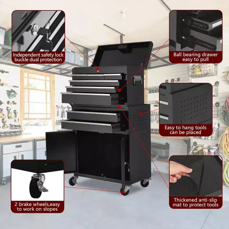 Servante d'atelier 8 tiroirs grande capacité, roulante, armoire à outils détachable 2-en-1 en métal, organisateur de rangement à outils en acier verrouillable avec caisse à outils supérieure portable
