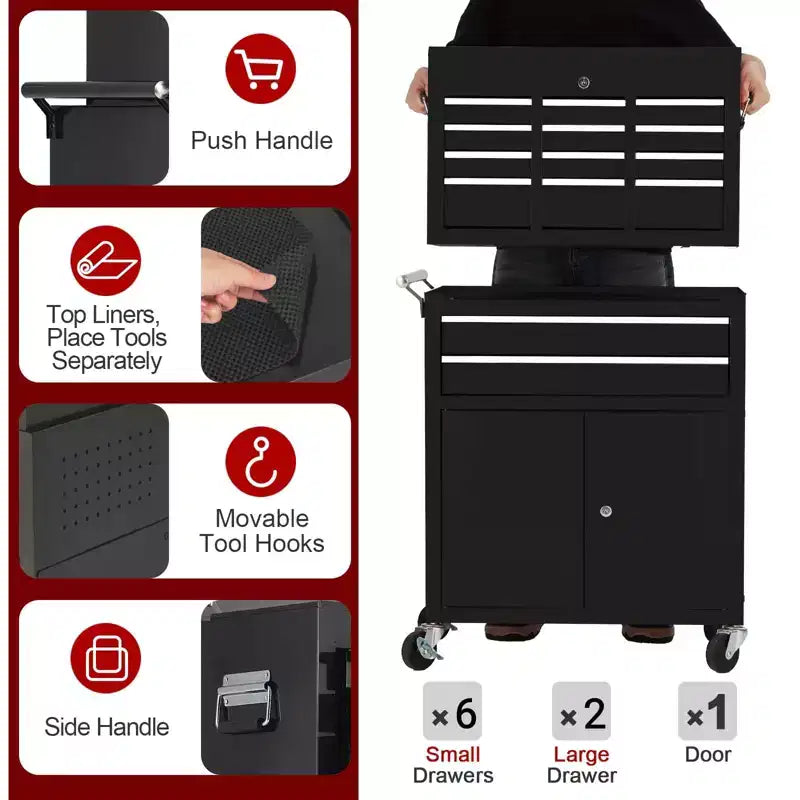 Servante d'atelier 8 tiroirs grande capacité, roulante, armoire à outils détachable 2-en-1 en métal, organisateur de rangement à outils en acier verrouillable avec caisse à outils supérieure portable