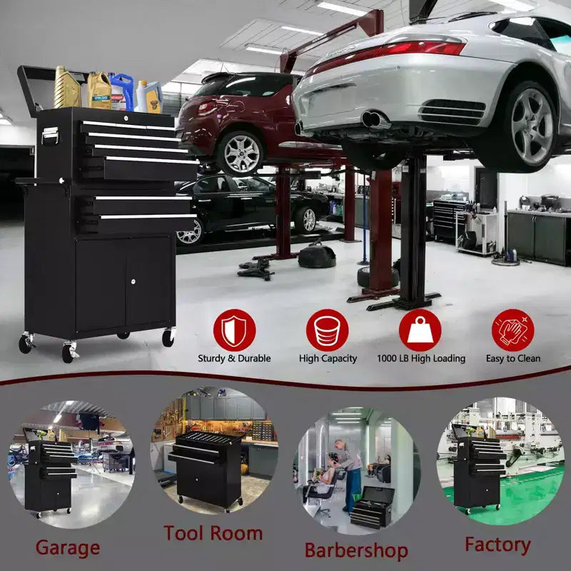 Servante d'atelier 8 tiroirs grande capacité, roulante, armoire à outils détachable 2-en-1 en métal, organisateur de rangement à outils en acier verrouillable avec caisse à outils supérieure portable