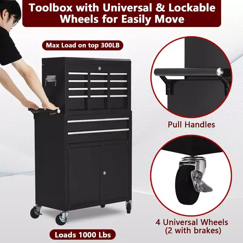 Servante d'atelier 8 tiroirs grande capacité, roulante, armoire à outils détachable 2-en-1 en métal, organisateur de rangement à outils en acier verrouillable avec caisse à outils supérieure portable