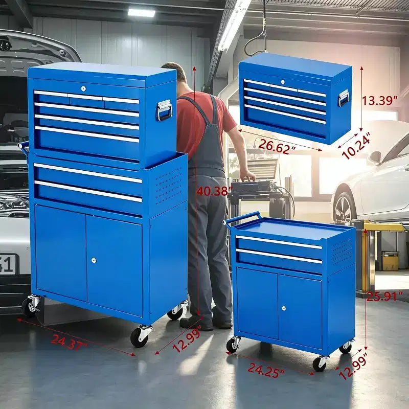 Servante d'atelier 8 tiroirs grande capacité, roulante, armoire à outils détachable 2-en-1 en métal, organisateur de rangement à outils en acier verrouillable avec caisse à outils supérieure portable