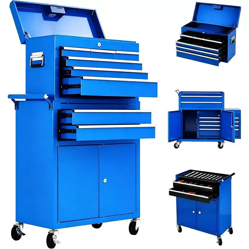 Servante d'atelier 8 tiroirs grande capacité, roulante, armoire à outils détachable 2-en-1 en métal, organisateur de rangement à outils en acier verrouillable avec caisse à outils supérieure portable