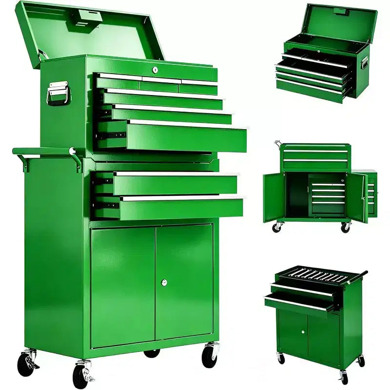 Servante d'atelier 8 tiroirs grande capacité, roulante, armoire à outils détachable 2-en-1 en métal, organisateur de rangement à outils en acier verrouillable avec caisse à outils supérieure portable