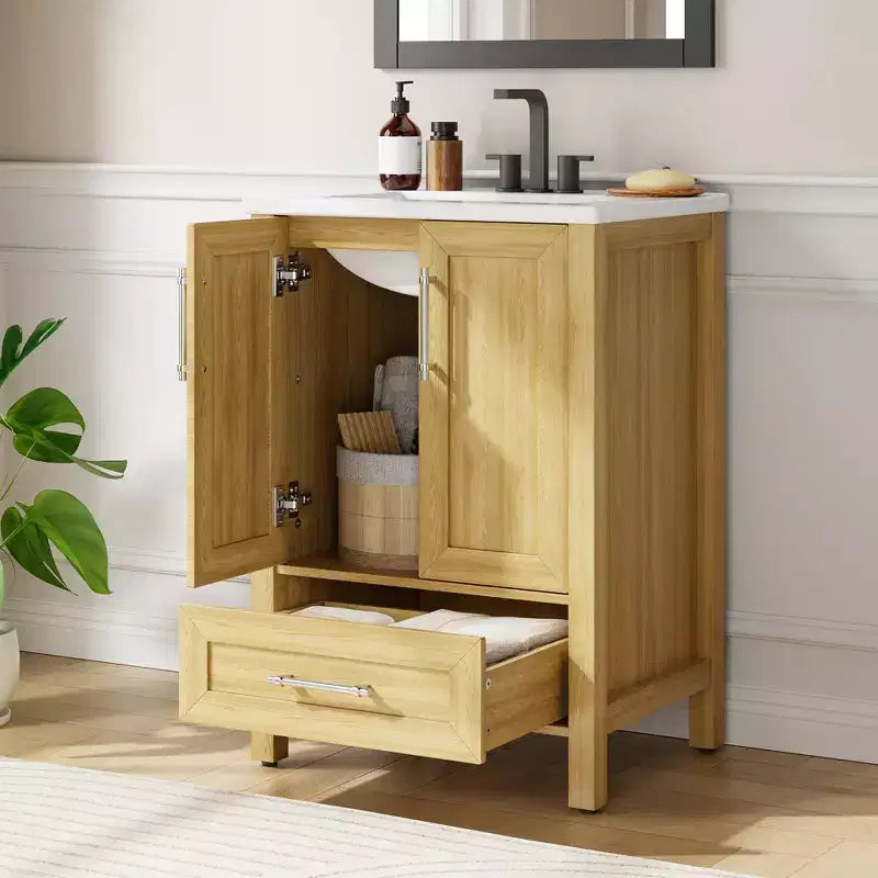Meuble-lavabo autoportant moderne avec vasque simple en céramique – Armoire de rangement facile à monter avec portes et tiroir à fermeture douce