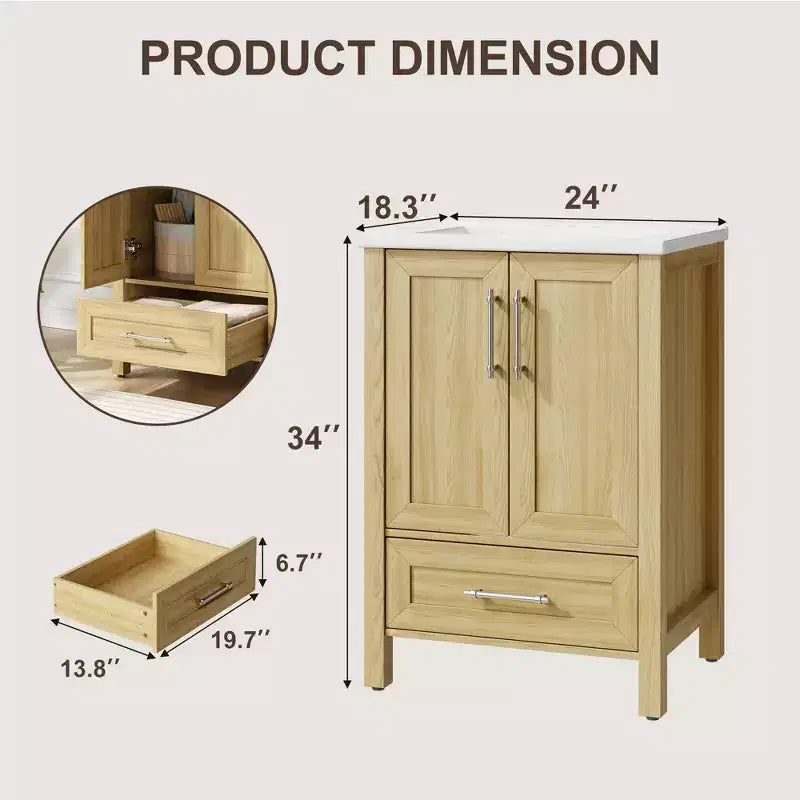 Meuble-lavabo autoportant moderne avec vasque simple en céramique – Armoire de rangement facile à monter avec portes et tiroir à fermeture douce