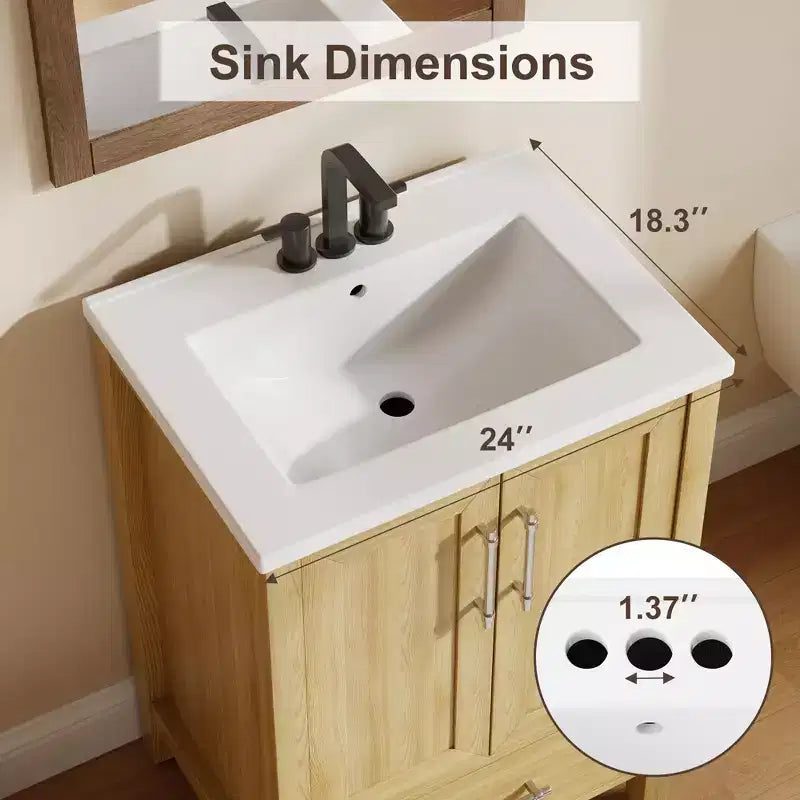 Meuble-lavabo autoportant moderne avec vasque simple en céramique – Armoire de rangement facile à monter avec portes et tiroir à fermeture douce