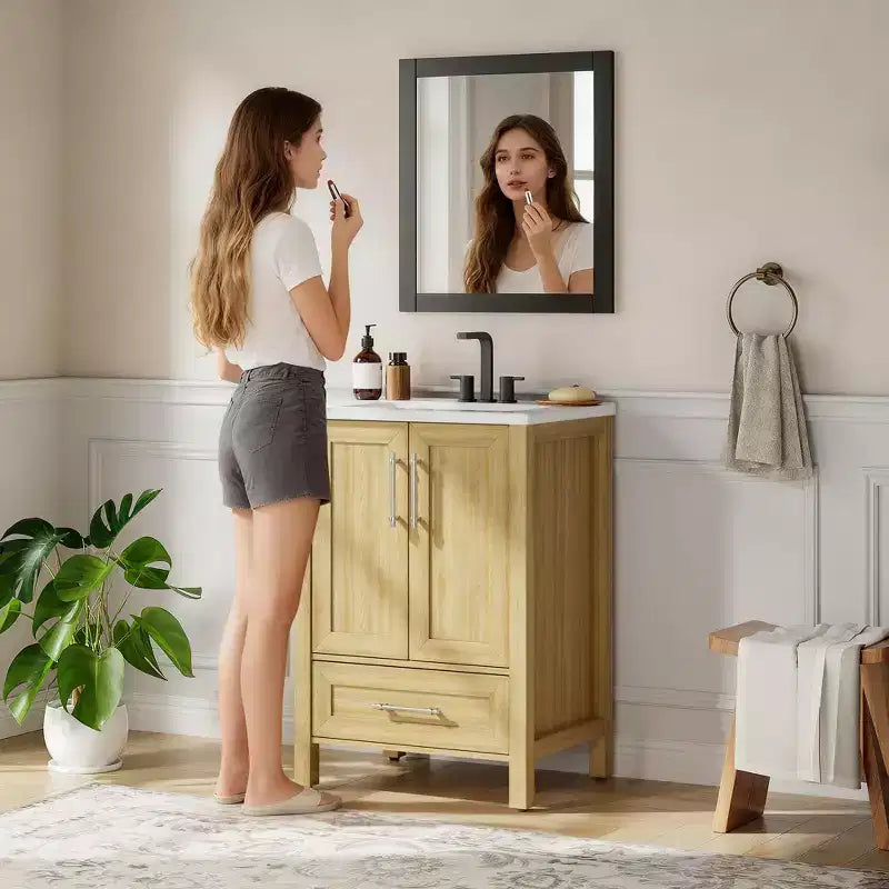 Meuble-lavabo autoportant moderne avec vasque simple en céramique – Armoire de rangement facile à monter avec portes et tiroir à fermeture douce