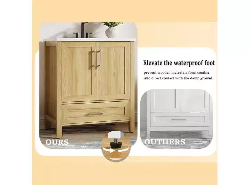 Meuble-lavabo autoportant moderne avec vasque simple en céramique – Armoire de rangement facile à monter avec portes et tiroir à fermeture douce