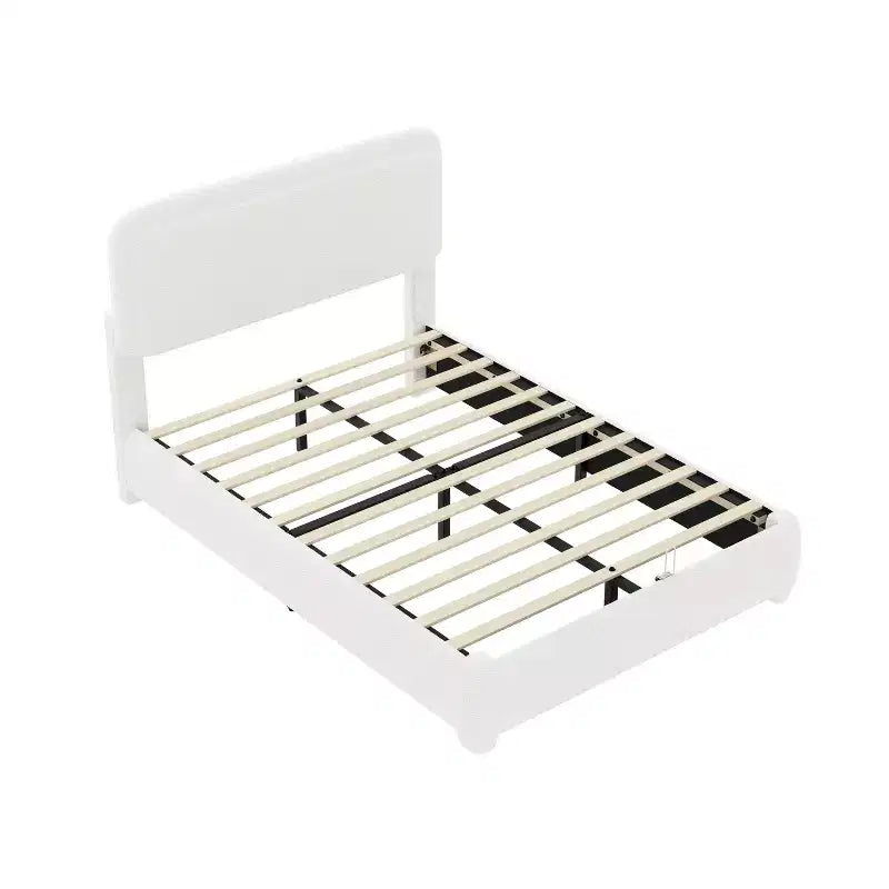 Cadre de lit plateforme rembourré Full/Queen avec tête de lit réglable en hauteur, lit bas en bouclé, blanc