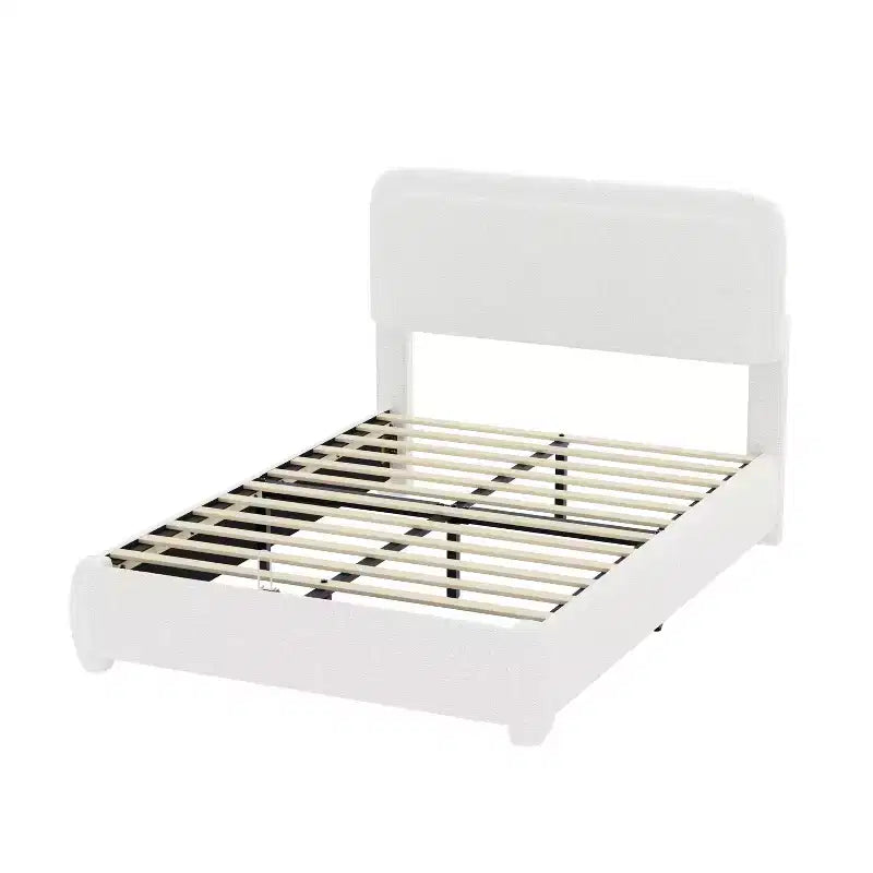 Cadre de lit plateforme rembourré Full/Queen avec tête de lit réglable en hauteur, lit bas en bouclé, blanc