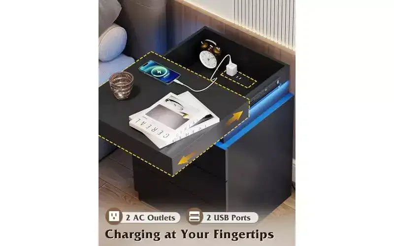 Table de chevet avec station de recharge et lumières LED, 3 tiroirs et plateau coulissant