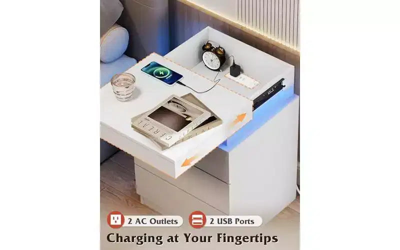 Table de chevet avec station de recharge et lumières LED, 3 tiroirs et plateau coulissant