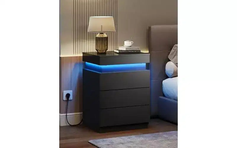 DEXYLLO Nightstand with Charging Station & LED Lights, Night Stand with 3 Drawers and Sliding Top