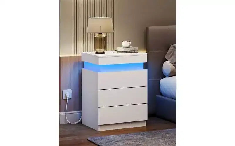Table de chevet avec station de recharge et lumières LED, 3 tiroirs et plateau coulissant