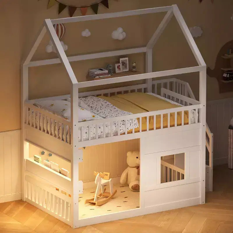 Lit mezzanine pleine grandeur avec lumière LED, lit mezzanine en bois avec étagères, lit mezzanine avec escalier, garde-corps et échelle pour filles et garçons