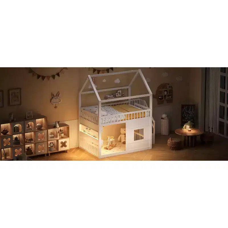 Lit mezzanine pleine grandeur avec lumière LED, lit mezzanine en bois avec étagères, lit mezzanine avec escalier, garde-corps et échelle pour filles et garçons