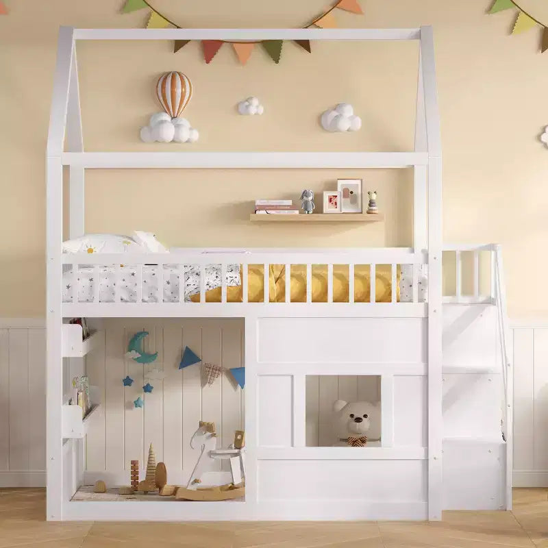 Lit mezzanine pleine grandeur avec lumière LED, lit mezzanine en bois avec étagères, lit mezzanine avec escalier, garde-corps et échelle pour filles et garçons