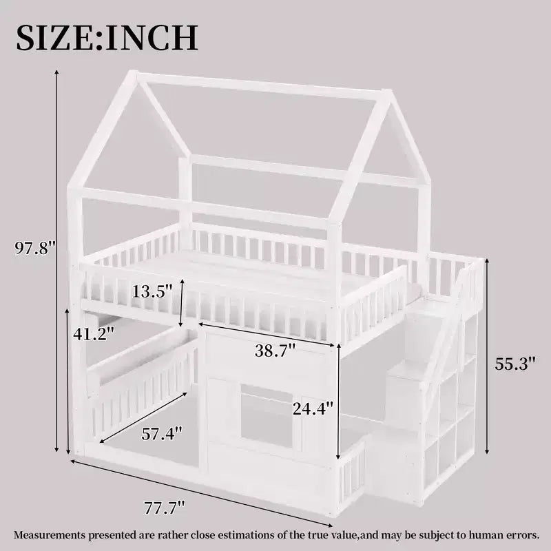 Lit mezzanine pleine grandeur avec lumière LED, lit mezzanine en bois avec étagères, lit mezzanine avec escalier, garde-corps et échelle pour filles et garçons