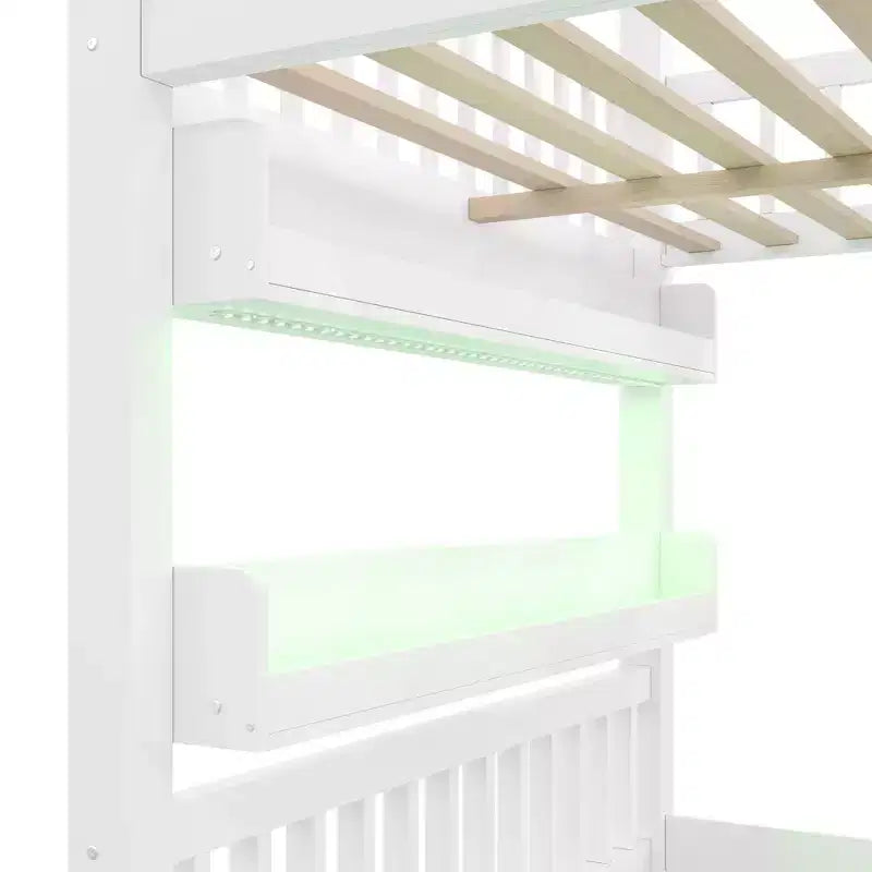 Lit mezzanine pleine grandeur avec lumière LED, lit mezzanine en bois avec étagères, lit mezzanine avec escalier, garde-corps et échelle pour filles et garçons