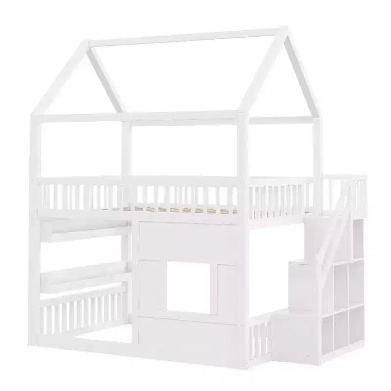 Lit mezzanine pleine grandeur avec lumière LED, lit mezzanine en bois avec étagères, lit mezzanine avec escalier, garde-corps et échelle pour filles et garçons