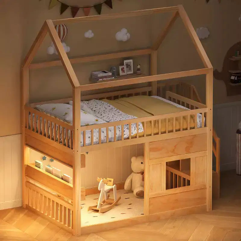 Lit mezzanine pleine grandeur avec lumière LED, lit mezzanine en bois avec étagères, lit mezzanine avec escalier, garde-corps et échelle pour filles et garçons