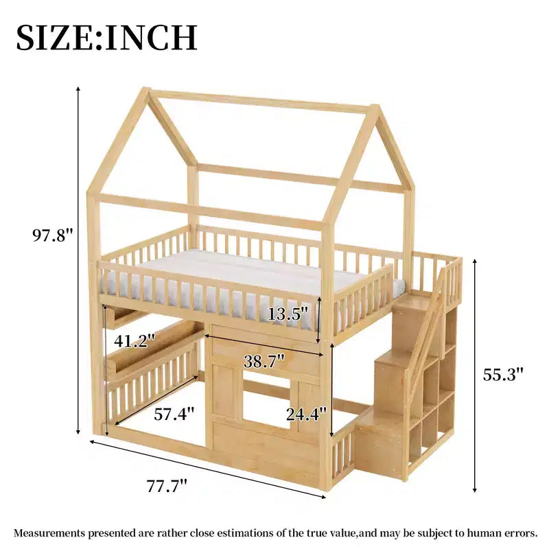 Lit mezzanine pleine grandeur avec lumière LED, lit mezzanine en bois avec étagères, lit mezzanine avec escalier, garde-corps et échelle pour filles et garçons