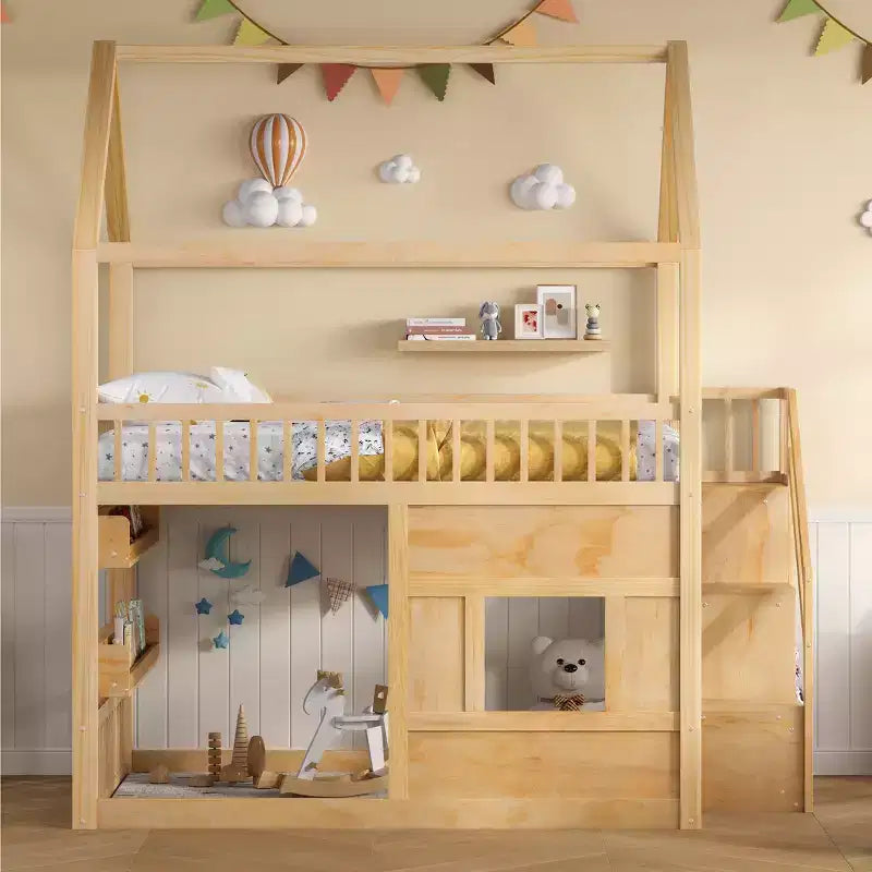 Lit mezzanine pleine grandeur avec lumière LED, lit mezzanine en bois avec étagères, lit mezzanine avec escalier, garde-corps et échelle pour filles et garçons