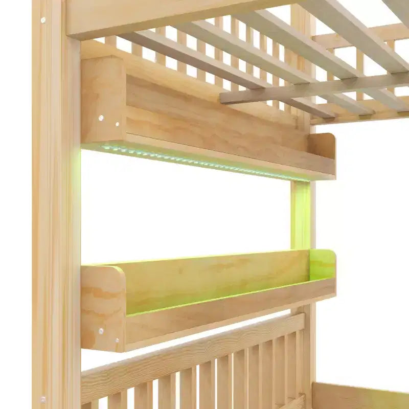 Lit mezzanine pleine grandeur avec lumière LED, lit mezzanine en bois avec étagères, lit mezzanine avec escalier, garde-corps et échelle pour filles et garçons