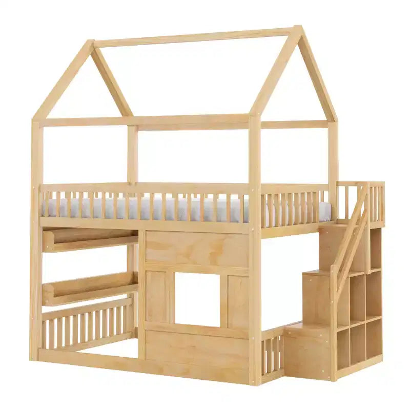 Lit mezzanine pleine grandeur avec lumière LED, lit mezzanine en bois avec étagères, lit mezzanine avec escalier, garde-corps et échelle pour filles et garçons