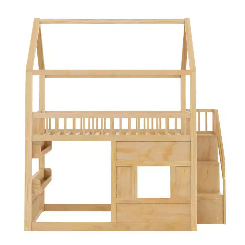 Lit mezzanine pleine grandeur avec lumière LED, lit mezzanine en bois avec étagères, lit mezzanine avec escalier, garde-corps et échelle pour filles et garçons