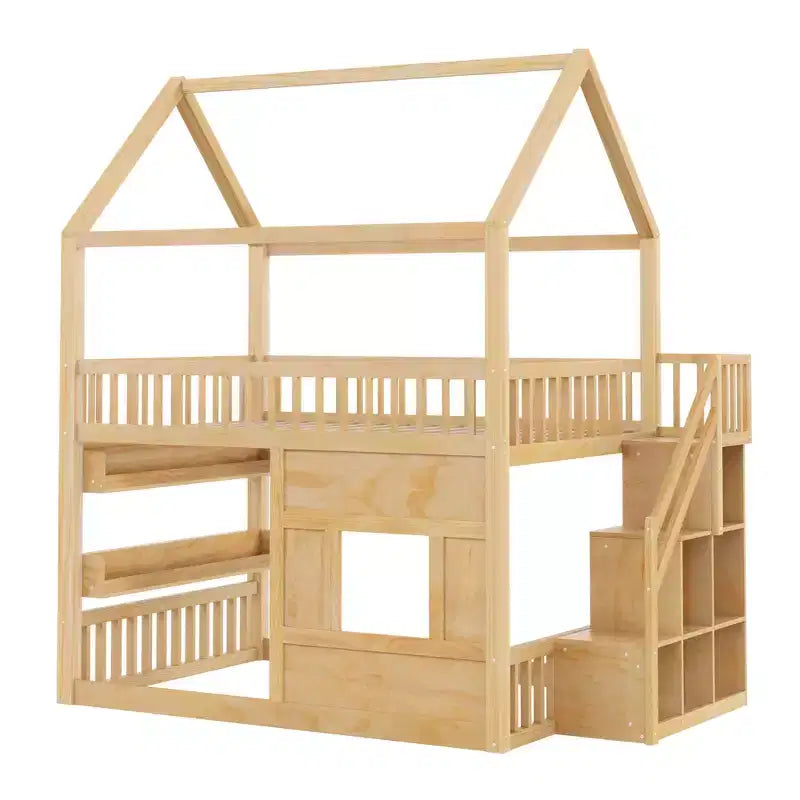 Lit mezzanine pleine grandeur avec lumière LED, lit mezzanine en bois avec étagères, lit mezzanine avec escalier, garde-corps et échelle pour filles et garçons