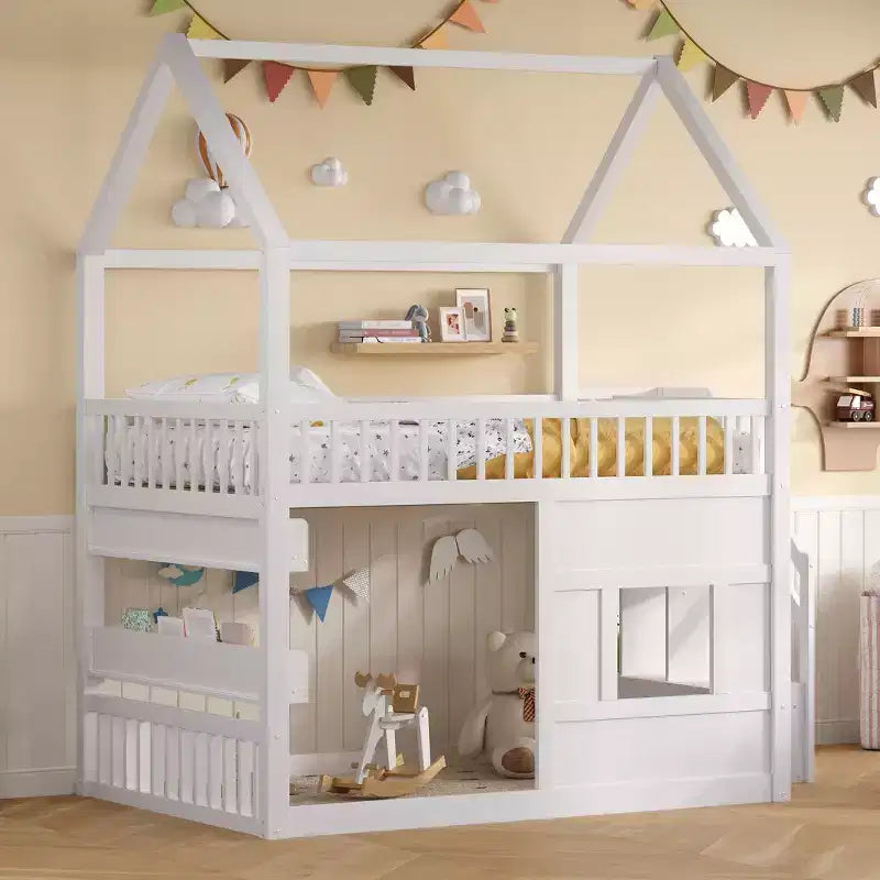 Lit mezzanine pleine grandeur avec lumière LED, lit mezzanine en bois avec étagères, lit mezzanine avec escalier, garde-corps et échelle pour filles et garçons
