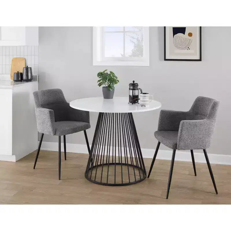 Table à manger ronde en MDF, piétement en métal noir / plateau blanc
